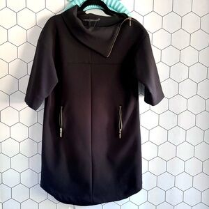 ZARA Exposed Gold Metal Zippers High Collar Boxy Silhouette Mini Dress